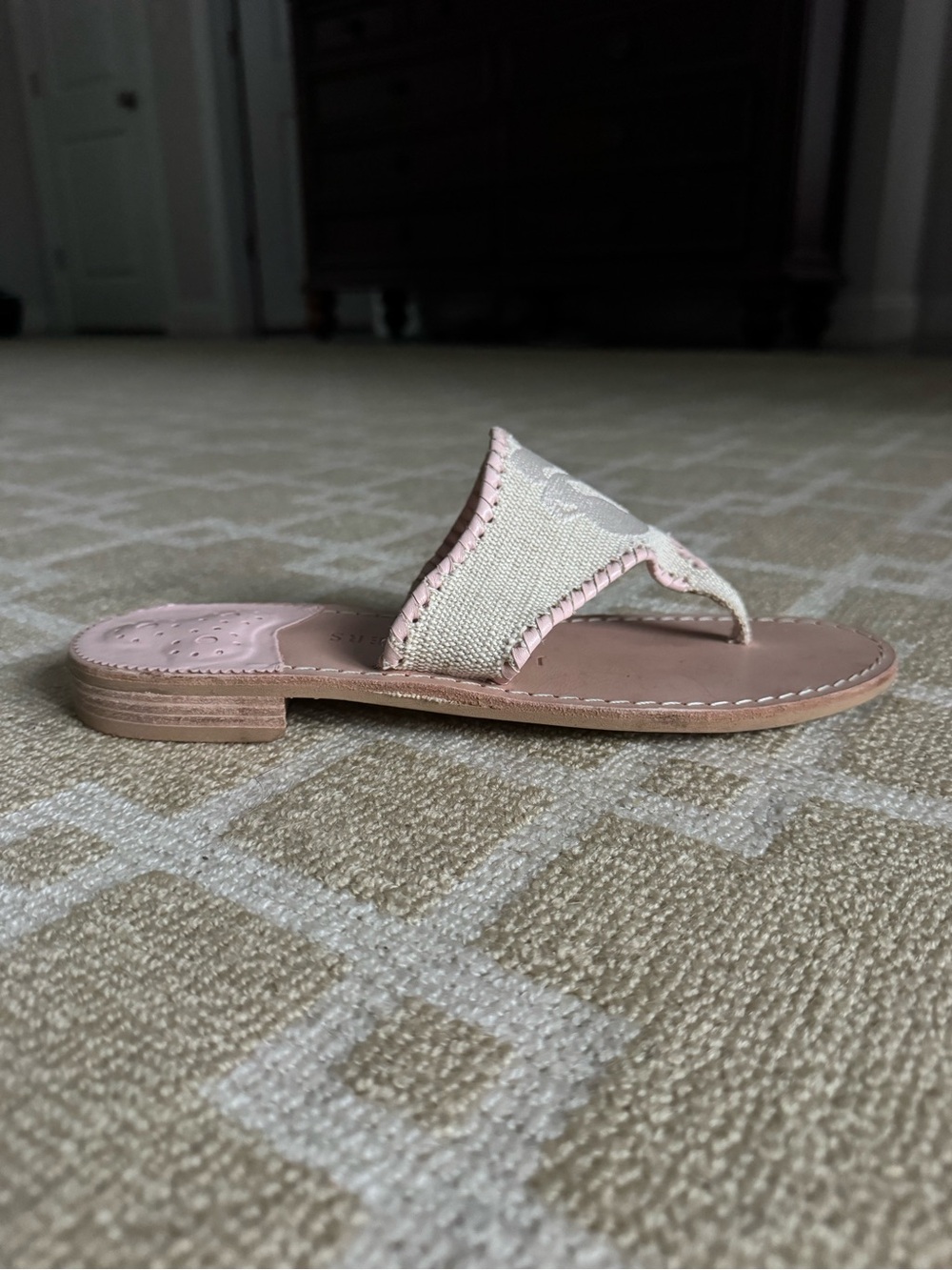 Jack Rogers Spartina Mermaid Thong Flip Flop Sandals Pink Ivory Leather Linen 9 - Picture 7 of 14